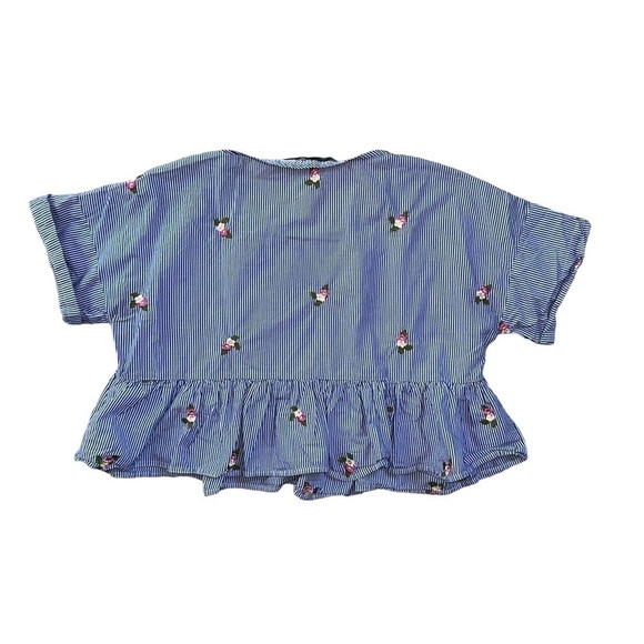 Zara Blue Striped Floral Embroidered Short Sleeve Blouse US M - Picture 8 of 9